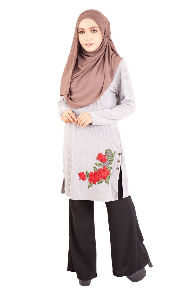 QA-402 Embroidery Muslimah Top Grey