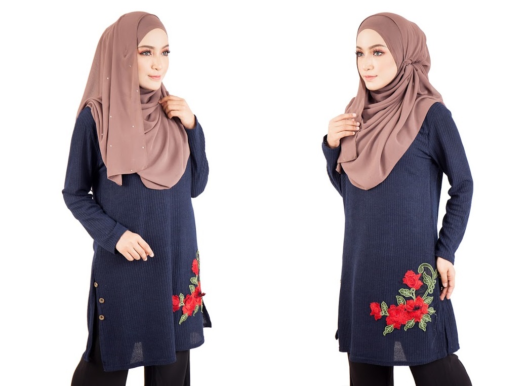 QA-402 Embroidery Muslimah Top Navy Blue