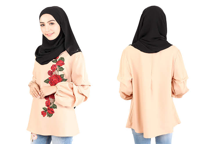 QA-413 Women Rose Embroidery Blouse Beige