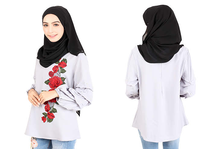 QA-413 Women Rose Embroidery Blouse Grey