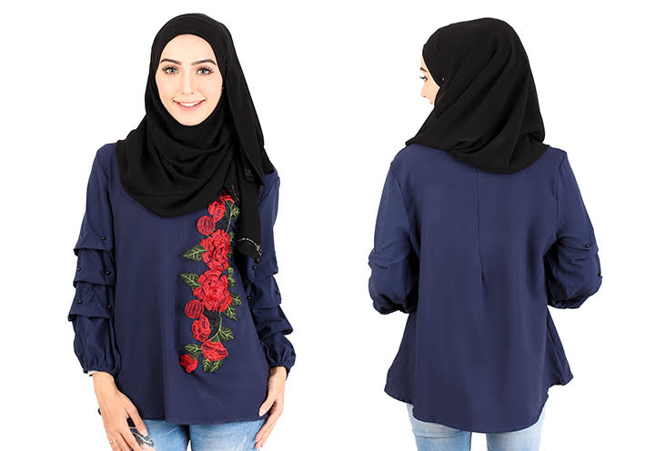 QA-413 Women Rose Embroidery Blouse Navy Blue