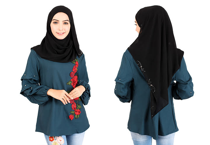 QA-413 Women Rose Embroidery Blouse Ocean Green