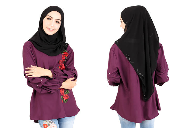 QA-413 Women Rose Embroidery Blouse Purple