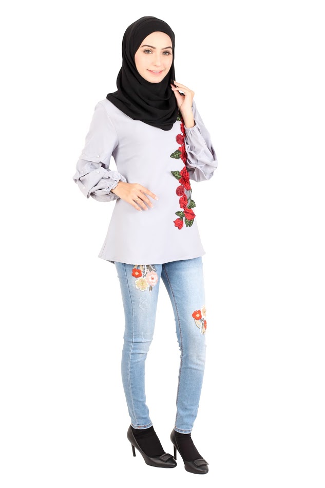 QA-413 Women Rose Embroidery Blouse Grey