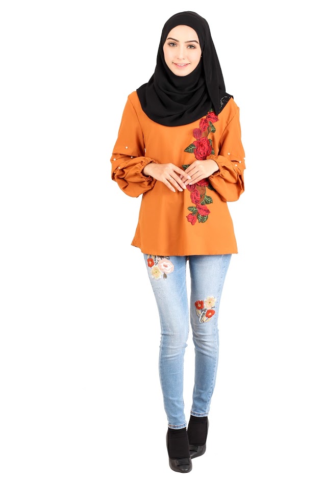 QA-413 Women Rose Embroidery Blouse Mustard