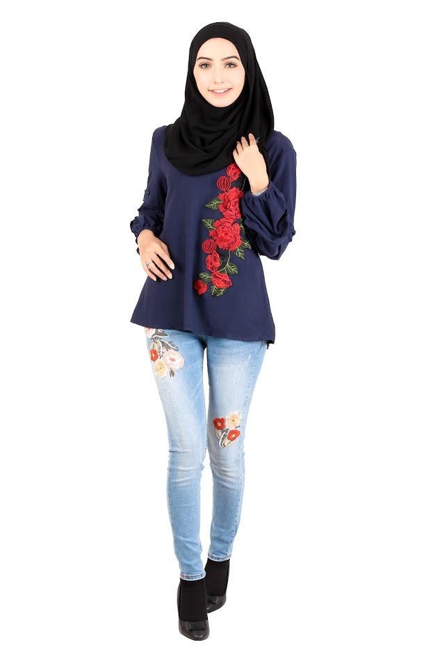 QA-413 Women Rose Embroidery Blouse Navy Blue