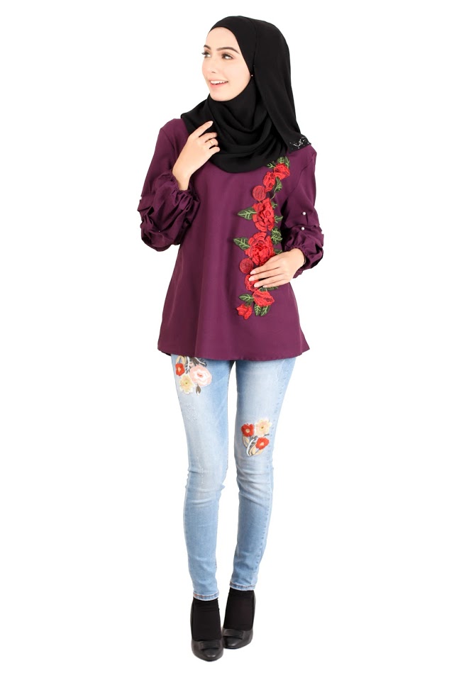 QA-413 Women Rose Embroidery Blouse Purple