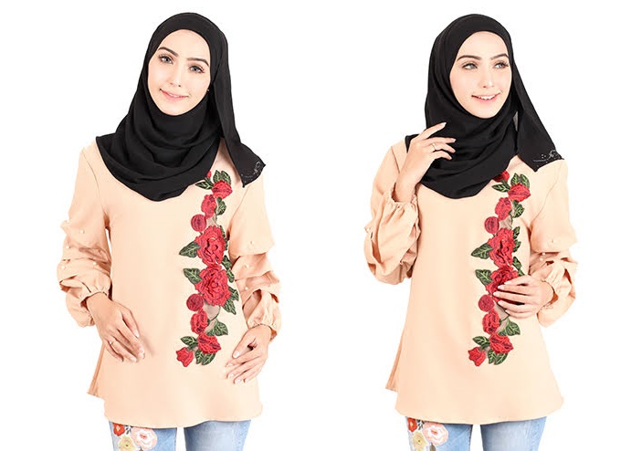 QA-413 Women Rose Embroidery Blouse Beige