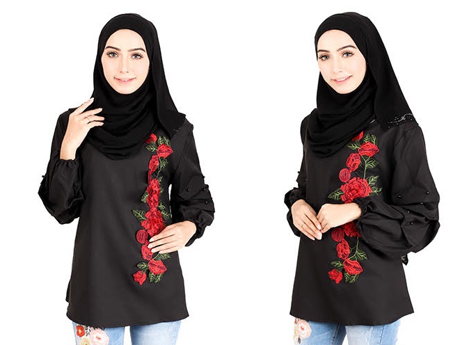 QA-413 Women Rose Embroidery Blouse Black