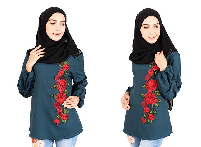 QA-413 Women Rose Embroidery Blouse Ocean Green