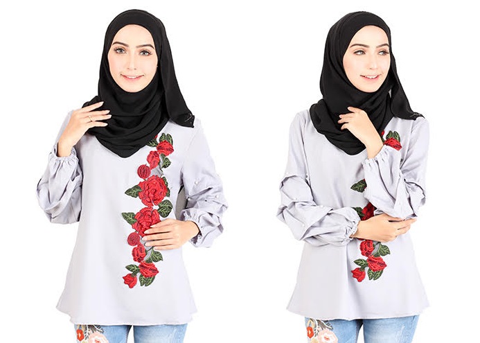 QA-413 Women Rose Embroidery Blouse Grey