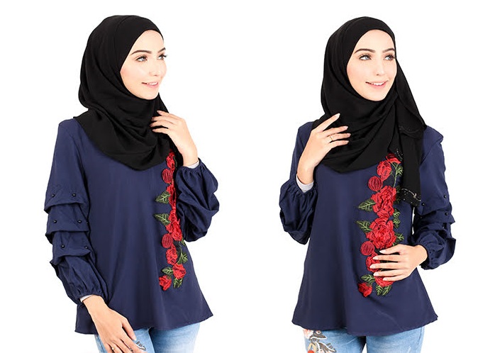 QA-413 Women Rose Embroidery Blouse Navy Blue