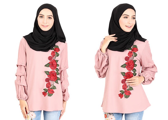 QA-413 Women Rose Embroidery Blouse Dust Pink