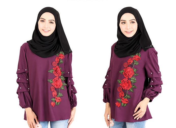 QA-413 Women Rose Embroidery Blouse Purple