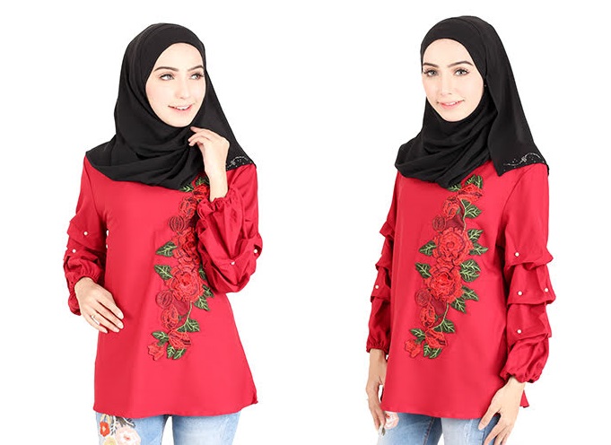 QA-413 Women Rose Embroidery Blouse Red