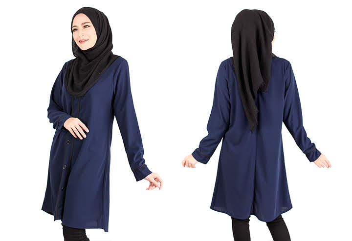 QA-417 Button Muslimah Long Top Navy Blue