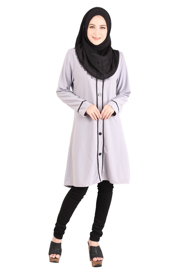 QA-417 Button Muslimah Long Top Grey