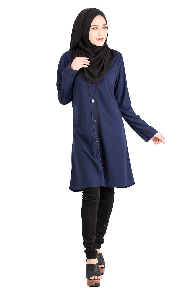 QA-417 Button Muslimah Long Top Navy Blue