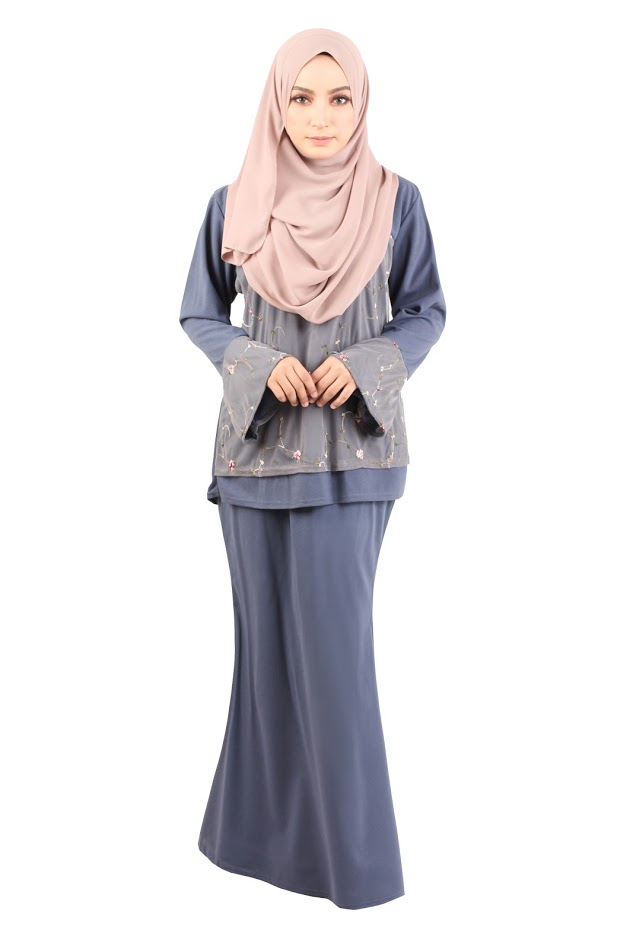 QA-418 Modern Lace Baju Kurung Blue Grey