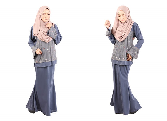 QA-418 Modern Lace Baju Kurung Blue Grey