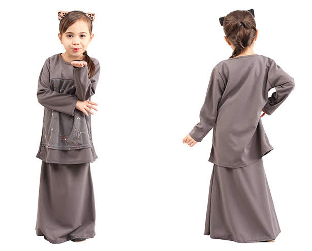 QA-419 Kids Modern Lace Baju Kurung Grey