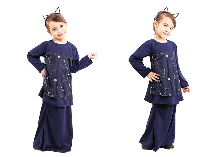 QA-419 Kids Modern Lace Baju Kurung Navy Blue