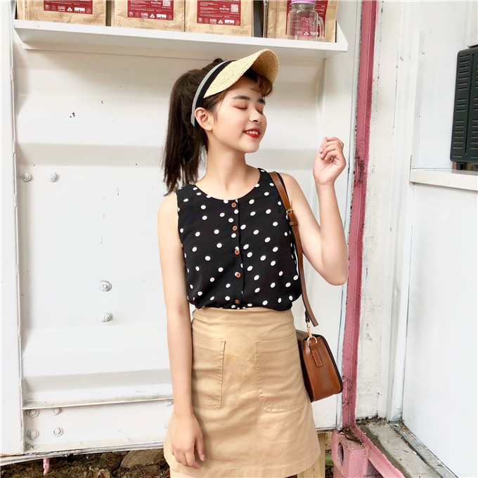 VW12279 Sweet Polka Dot Top Black