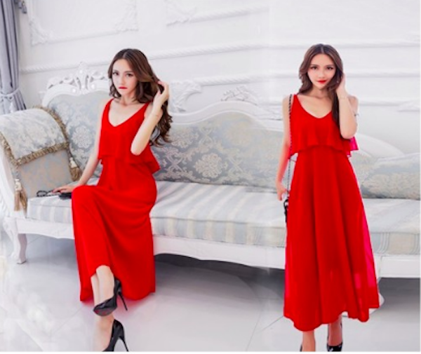 WD21531 Two Layer Chiffon Dress Red