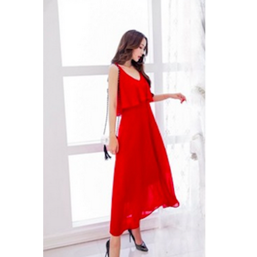 WD21531 Two Layer Chiffon Dress Red