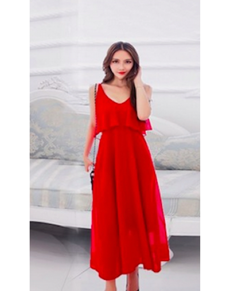 WD21531 Two Layer Chiffon Dress Red