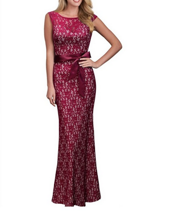 WD21538 Deep V Back Lace Dress Red