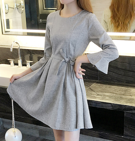 WD7628 Side Tie Ribbon Dress Grey