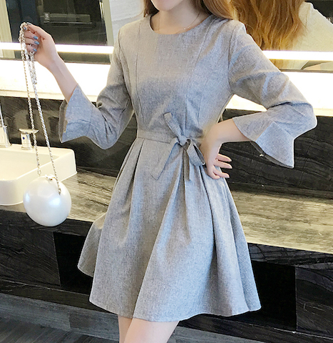 WD7628 Side Tie Ribbon Dress Grey