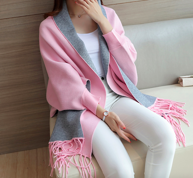 WJ7634 Tassel Shawl Design Cardigan Pink