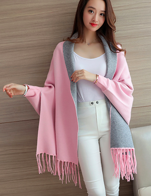 WJ7634 Tassel Shawl Design Cardigan Pink