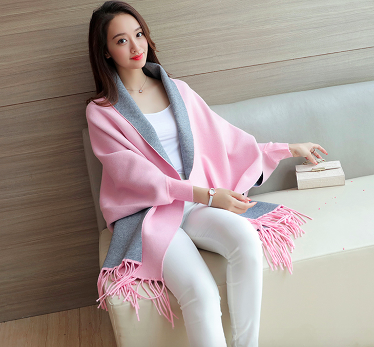 WJ7634 Tassel Shawl Design Cardigan Pink