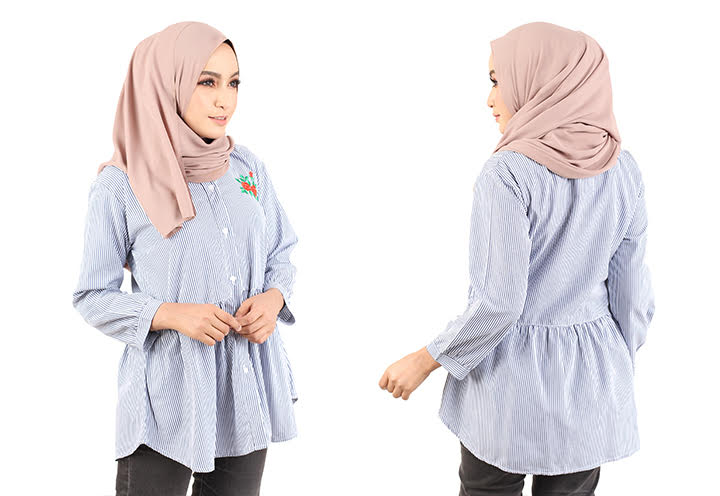 QA-430 Women Embroidery Shirt Blue Grey