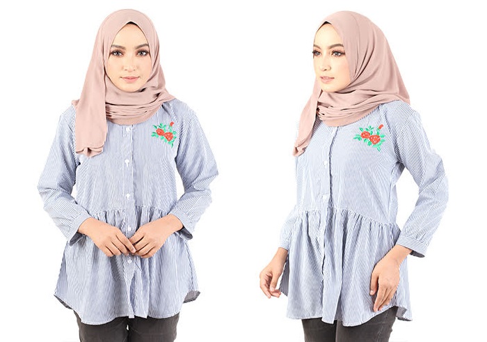 QA-430 Women Embroidery Shirt Blue Grey