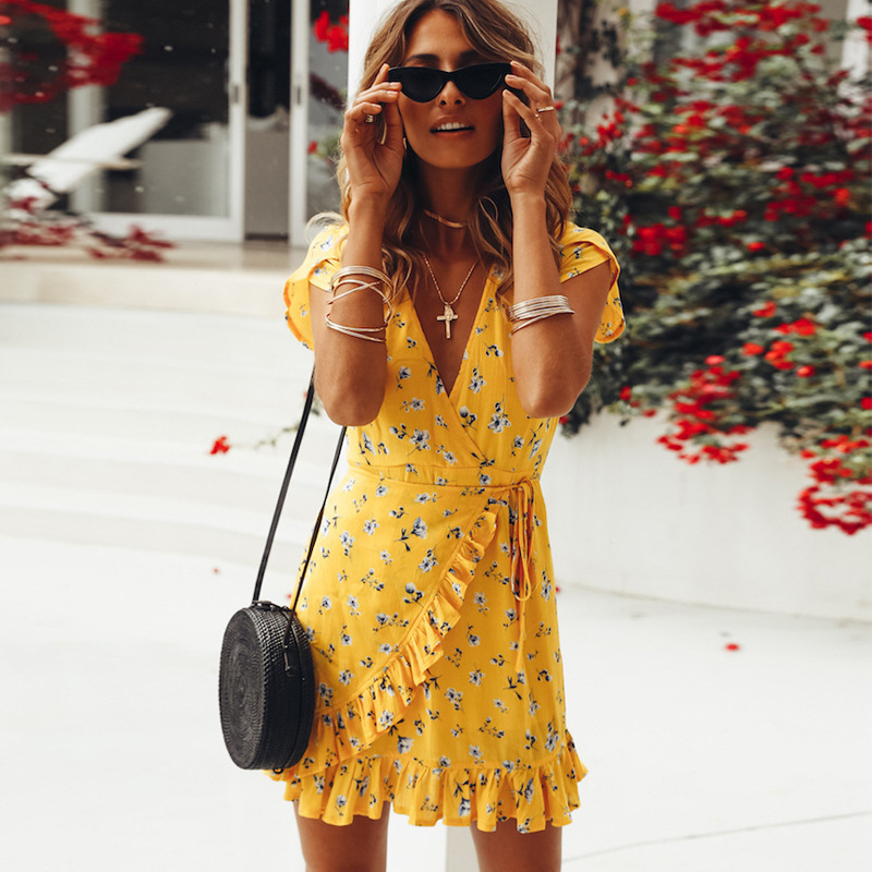 VW12338 Sexy Floral Dress Yellow