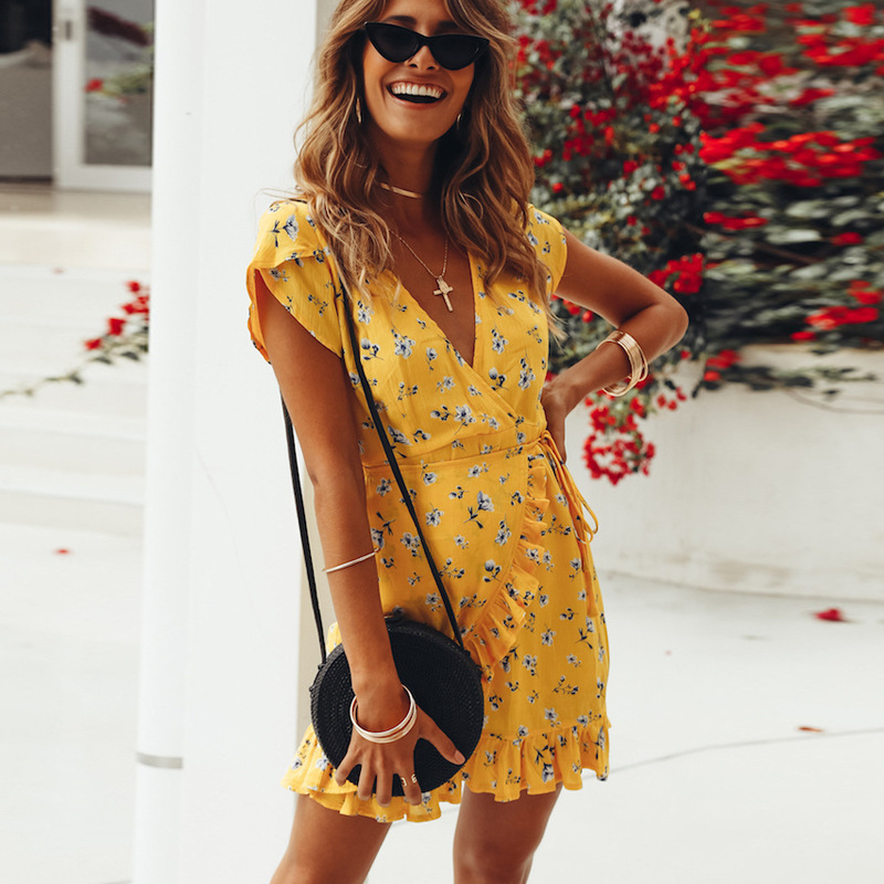 VW12338 Sexy Floral Dress Yellow