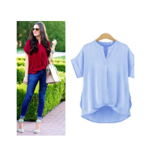 WT21546 Europe V- Neck Blouse Blue