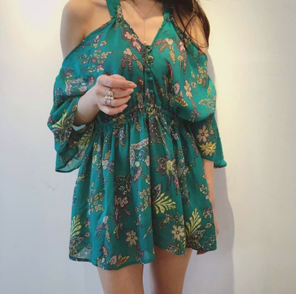 WD21558 Cold Shoulder Floral Dress Green