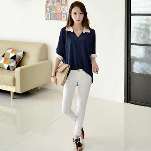 WT21578 Casual V-Neck Top Dark Blue