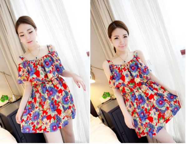 WD21599 Ruffle Floral Dress Red