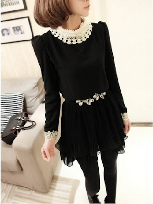 WD21607 Pearl Chiffon Dress Black