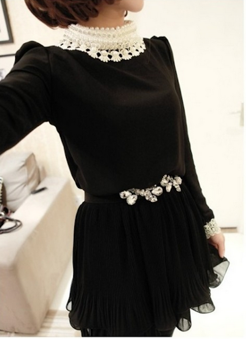 WD21607 Pearl Chiffon Dress Black