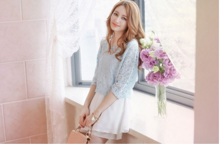 WD21616 Two Pieces Lace Dress Blue