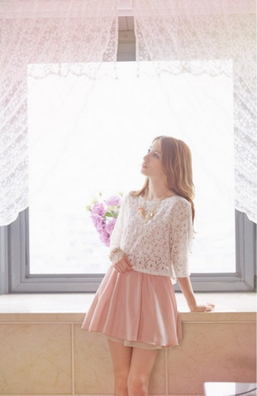 WD21616 Two Pieces Lace Dress Pink