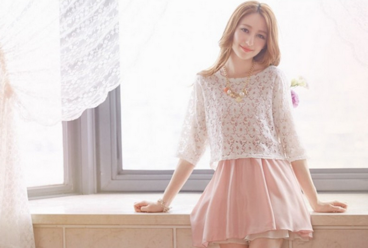 WD21616 Two Pieces Lace Dress Pink