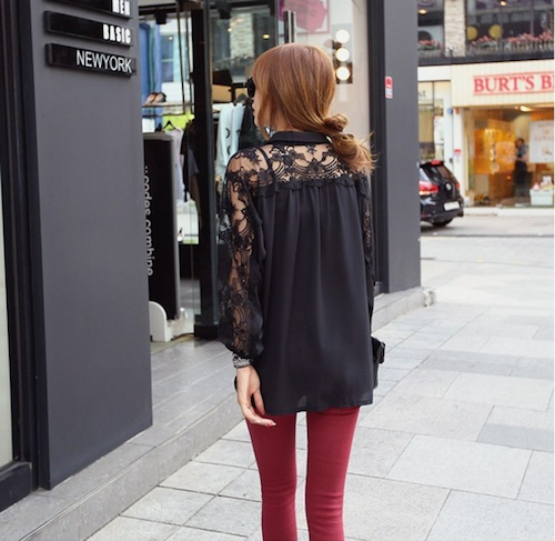 WT21619 Trendy Lace Sleeves Top Black